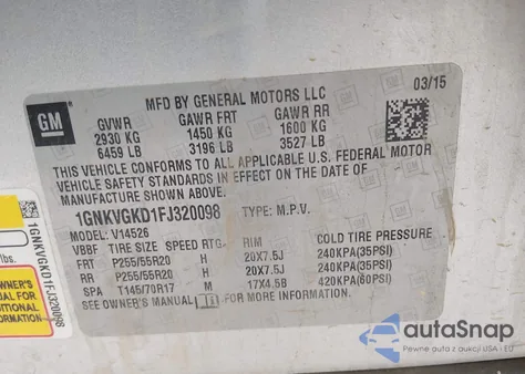 2015 Chevrolet Traverse 1Lt from USA, damaged, VIN 1GNKVGKD1FJ320098